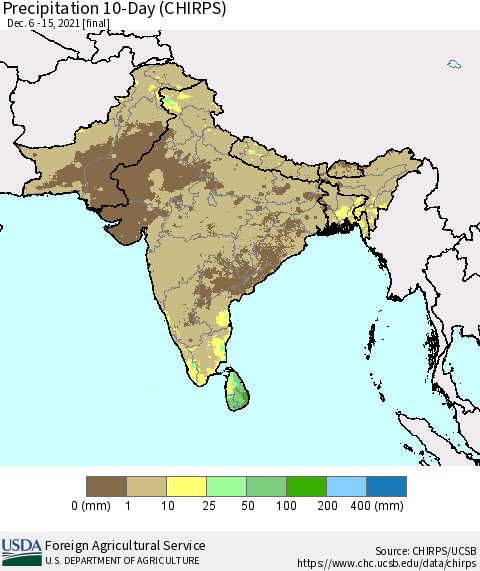 Southern Asia Precipitation 10-Day (CHIRPS) Thematic Map For 12/6/2021 - 12/15/2021