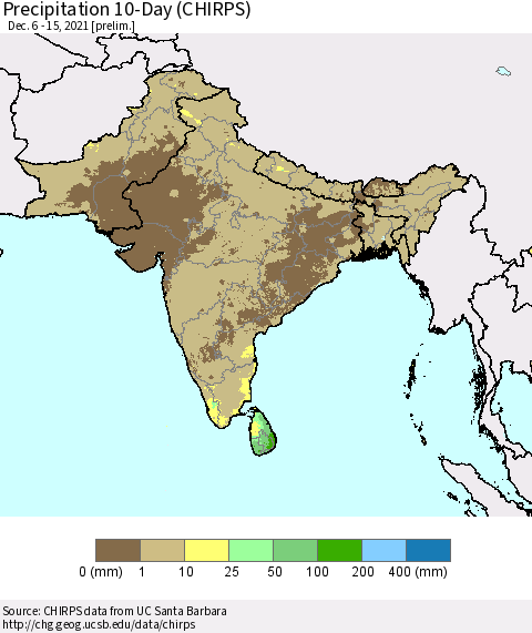 Southern Asia Precipitation 10-Day (CHIRPS) Thematic Map For 12/6/2021 - 12/15/2021