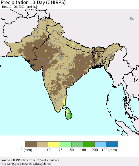 Southern Asia Precipitation 10-Day (CHIRPS) Thematic Map For 12/11/2021 - 12/20/2021