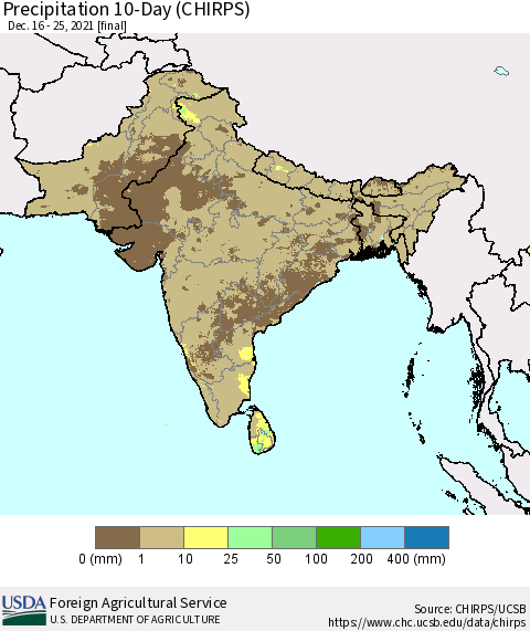 Southern Asia Precipitation 10-Day (CHIRPS) Thematic Map For 12/16/2021 - 12/25/2021