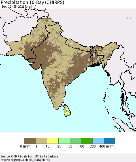 Southern Asia Precipitation 10-Day (CHIRPS) Thematic Map For 12/16/2021 - 12/25/2021