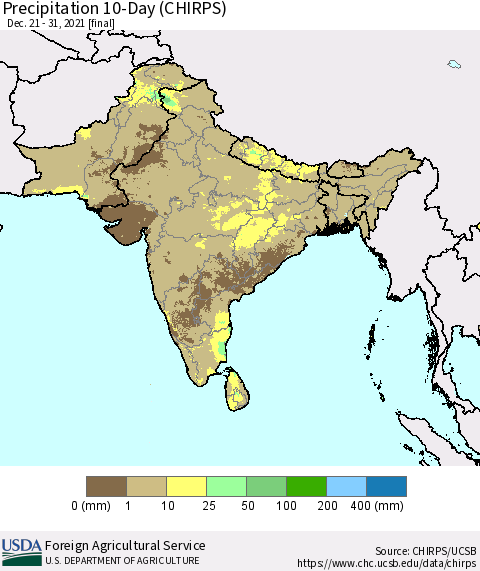 Southern Asia Precipitation 10-Day (CHIRPS) Thematic Map For 12/21/2021 - 12/31/2021