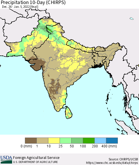 Southern Asia Precipitation 10-Day (CHIRPS) Thematic Map For 12/26/2021 - 1/5/2022
