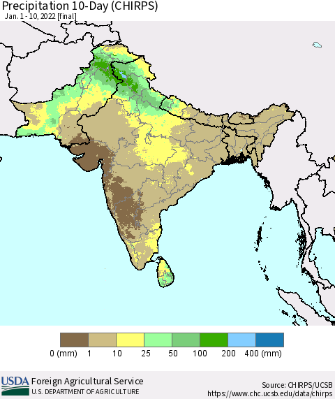 Southern Asia Precipitation 10-Day (CHIRPS) Thematic Map For 1/1/2022 - 1/10/2022