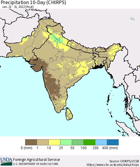 Southern Asia Precipitation 10-Day (CHIRPS) Thematic Map For 1/21/2022 - 1/31/2022
