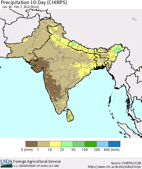 Southern Asia Precipitation 10-Day (CHIRPS) Thematic Map For 1/26/2022 - 2/5/2022