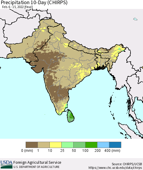 Southern Asia Precipitation 10-Day (CHIRPS) Thematic Map For 2/6/2022 - 2/15/2022