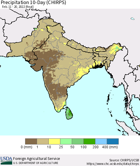 Southern Asia Precipitation 10-Day (CHIRPS) Thematic Map For 2/11/2022 - 2/20/2022