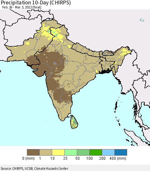 Southern Asia Precipitation 10-Day (CHIRPS) Thematic Map For 2/26/2022 - 3/5/2022