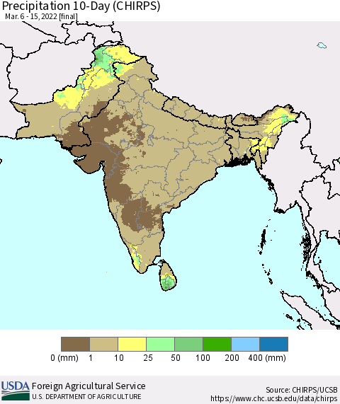 Southern Asia Precipitation 10-Day (CHIRPS) Thematic Map For 3/6/2022 - 3/15/2022