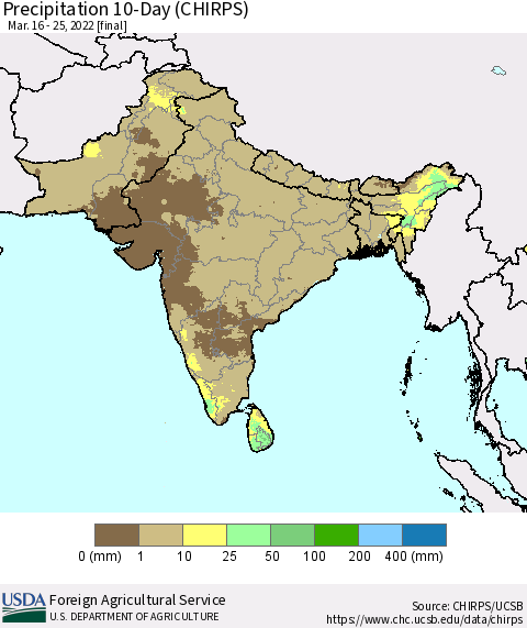 Southern Asia Precipitation 10-Day (CHIRPS) Thematic Map For 3/16/2022 - 3/25/2022