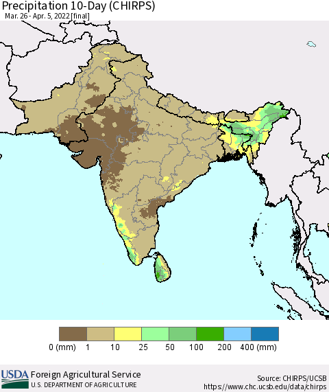 Southern Asia Precipitation 10-Day (CHIRPS) Thematic Map For 3/26/2022 - 4/5/2022
