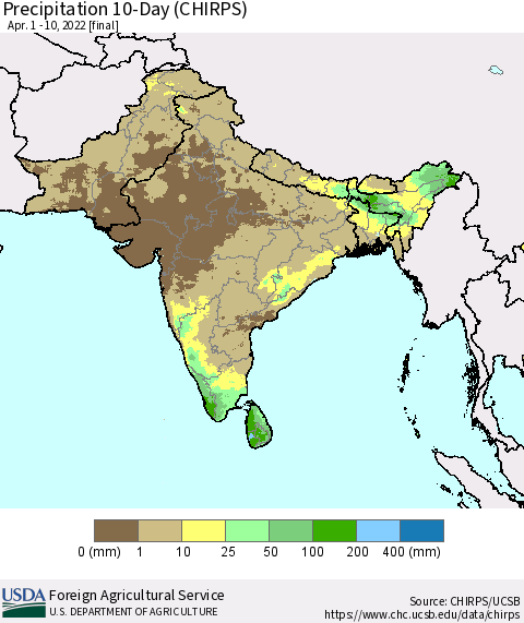 Southern Asia Precipitation 10-Day (CHIRPS) Thematic Map For 4/1/2022 - 4/10/2022