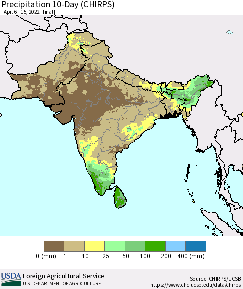 Southern Asia Precipitation 10-Day (CHIRPS) Thematic Map For 4/6/2022 - 4/15/2022