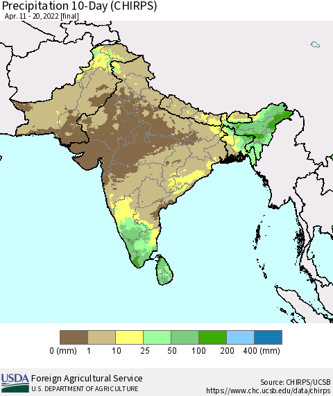 Southern Asia Precipitation 10-Day (CHIRPS) Thematic Map For 4/11/2022 - 4/20/2022