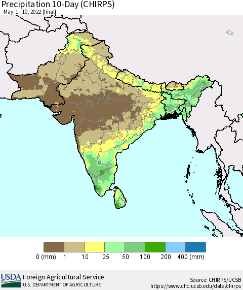 Southern Asia Precipitation 10-Day (CHIRPS) Thematic Map For 5/1/2022 - 5/10/2022