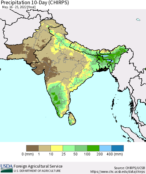 Southern Asia Precipitation 10-Day (CHIRPS) Thematic Map For 5/16/2022 - 5/25/2022