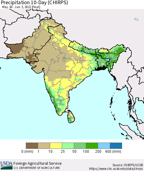 Southern Asia Precipitation 10-Day (CHIRPS) Thematic Map For 5/26/2022 - 6/5/2022