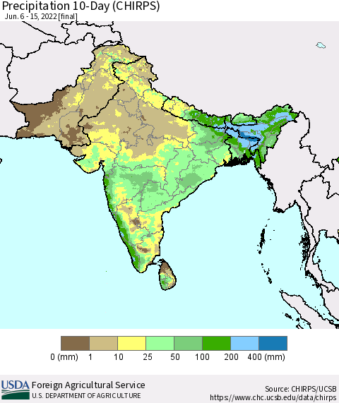 Southern Asia Precipitation 10-Day (CHIRPS) Thematic Map For 6/6/2022 - 6/15/2022