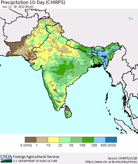 Southern Asia Precipitation 10-Day (CHIRPS) Thematic Map For 6/11/2022 - 6/20/2022