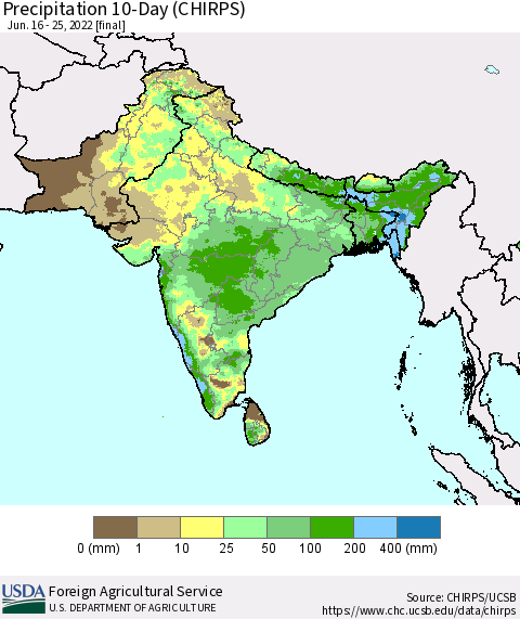 Southern Asia Precipitation 10-Day (CHIRPS) Thematic Map For 6/16/2022 - 6/25/2022