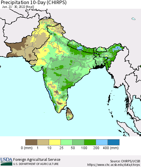 Southern Asia Precipitation 10-Day (CHIRPS) Thematic Map For 6/21/2022 - 6/30/2022