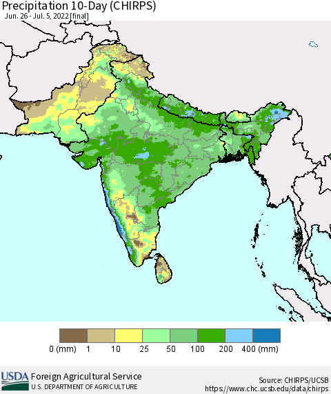 Southern Asia Precipitation 10-Day (CHIRPS) Thematic Map For 6/26/2022 - 7/5/2022