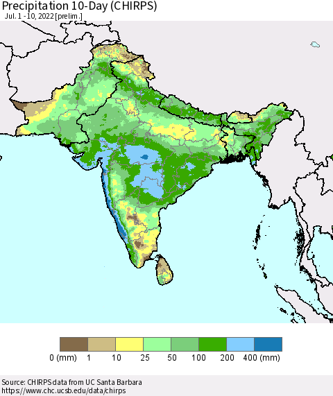 Southern Asia Precipitation 10-Day (CHIRPS) Thematic Map For 7/1/2022 - 7/10/2022