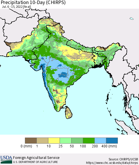 Southern Asia Precipitation 10-Day (CHIRPS) Thematic Map For 7/6/2022 - 7/15/2022
