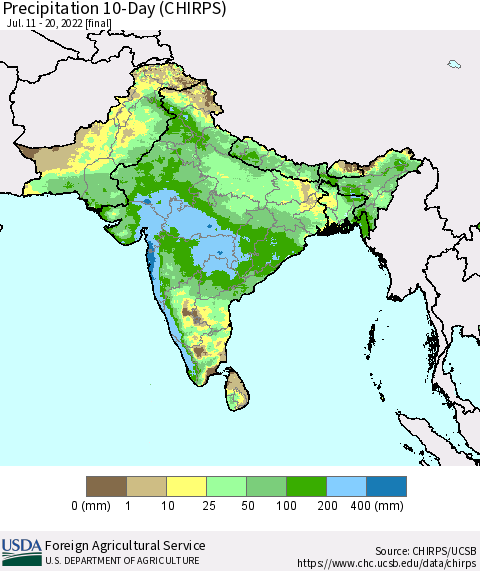 Southern Asia Precipitation 10-Day (CHIRPS) Thematic Map For 7/11/2022 - 7/20/2022