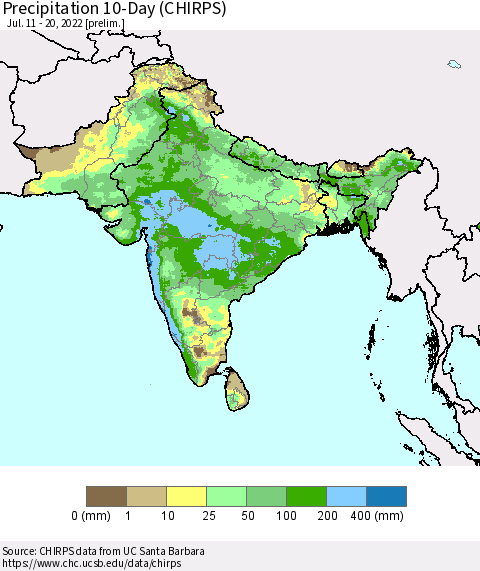 Southern Asia Precipitation 10-Day (CHIRPS) Thematic Map For 7/11/2022 - 7/20/2022