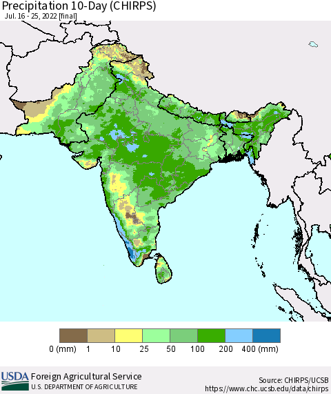 Southern Asia Precipitation 10-Day (CHIRPS) Thematic Map For 7/16/2022 - 7/25/2022