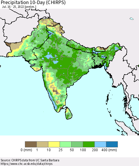 Southern Asia Precipitation 10-Day (CHIRPS) Thematic Map For 7/16/2022 - 7/25/2022