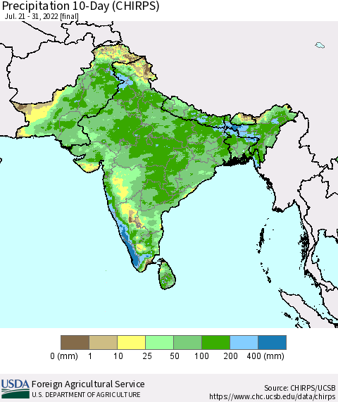 Southern Asia Precipitation 10-Day (CHIRPS) Thematic Map For 7/21/2022 - 7/31/2022
