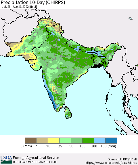 Southern Asia Precipitation 10-Day (CHIRPS) Thematic Map For 7/26/2022 - 8/5/2022