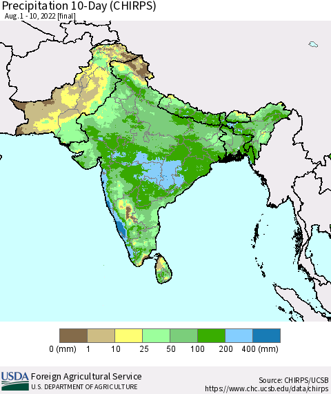 Southern Asia Precipitation 10-Day (CHIRPS) Thematic Map For 8/1/2022 - 8/10/2022