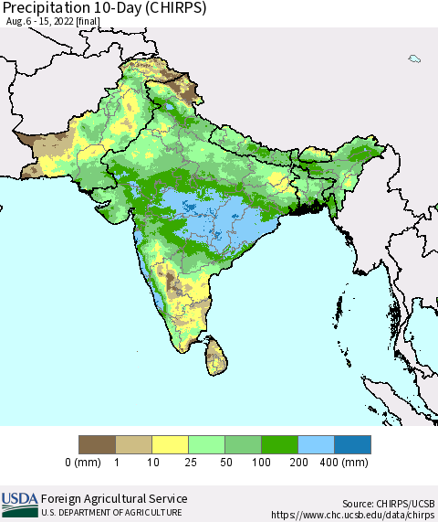 Southern Asia Precipitation 10-Day (CHIRPS) Thematic Map For 8/6/2022 - 8/15/2022