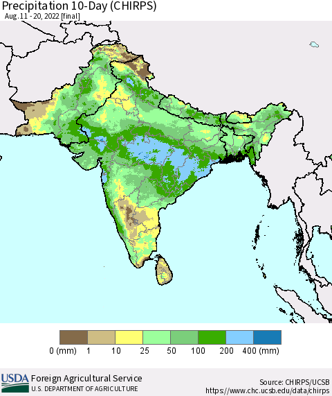 Southern Asia Precipitation 10-Day (CHIRPS) Thematic Map For 8/11/2022 - 8/20/2022
