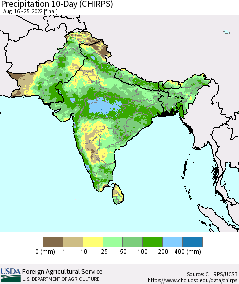 Southern Asia Precipitation 10-Day (CHIRPS) Thematic Map For 8/16/2022 - 8/25/2022