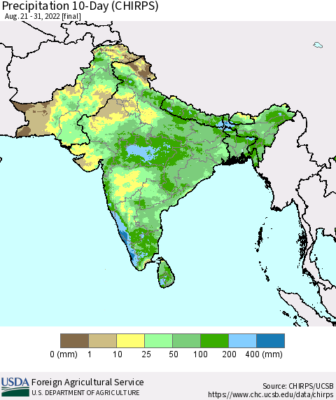 Southern Asia Precipitation 10-Day (CHIRPS) Thematic Map For 8/21/2022 - 8/31/2022