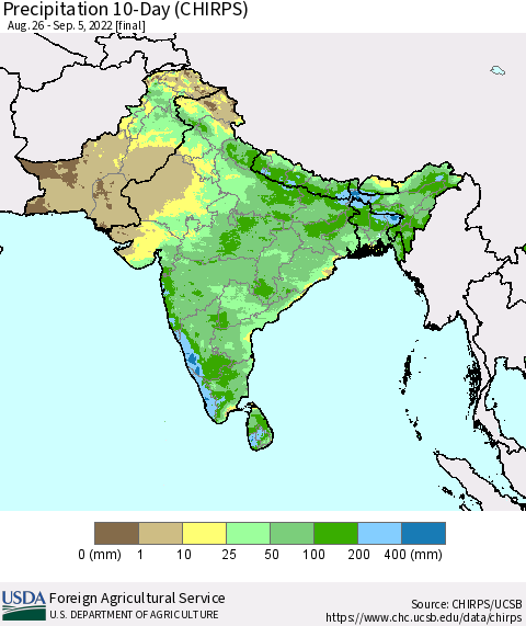Southern Asia Precipitation 10-Day (CHIRPS) Thematic Map For 8/26/2022 - 9/5/2022