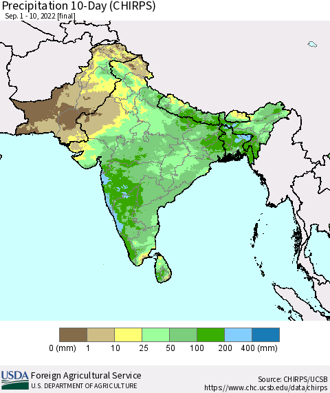 Southern Asia Precipitation 10-Day (CHIRPS) Thematic Map For 9/1/2022 - 9/10/2022