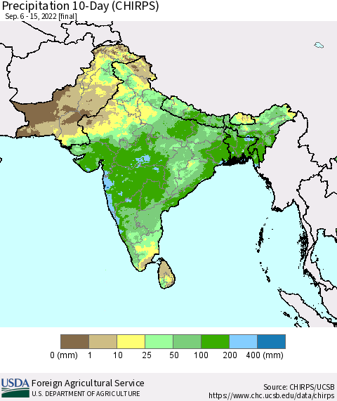 Southern Asia Precipitation 10-Day (CHIRPS) Thematic Map For 9/6/2022 - 9/15/2022