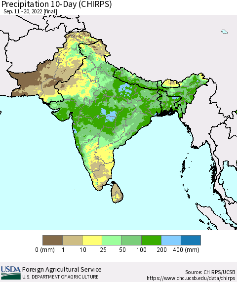Southern Asia Precipitation 10-Day (CHIRPS) Thematic Map For 9/11/2022 - 9/20/2022