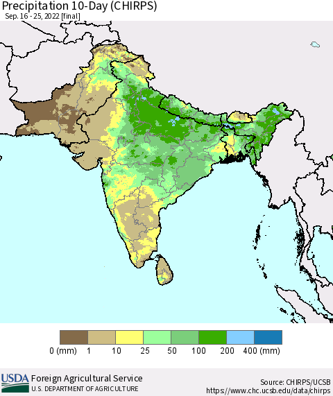 Southern Asia Precipitation 10-Day (CHIRPS) Thematic Map For 9/16/2022 - 9/25/2022