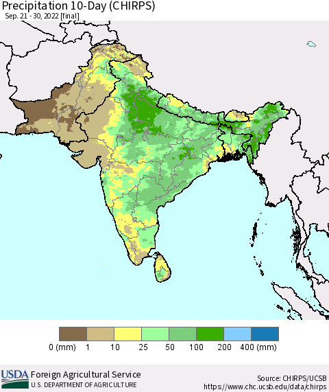 Southern Asia Precipitation 10-Day (CHIRPS) Thematic Map For 9/21/2022 - 9/30/2022