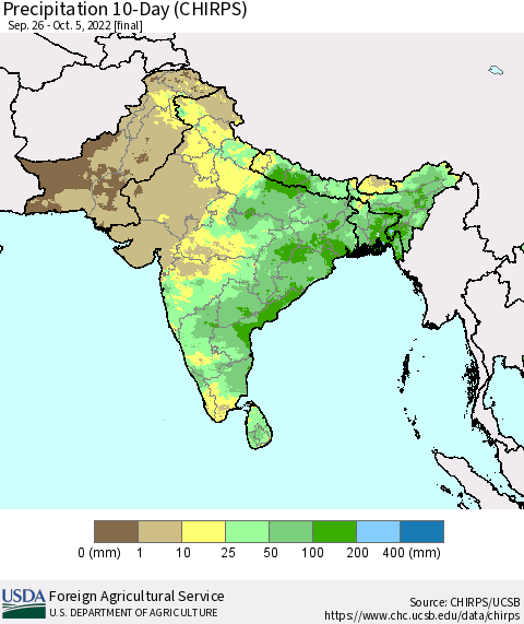 Southern Asia Precipitation 10-Day (CHIRPS) Thematic Map For 9/26/2022 - 10/5/2022