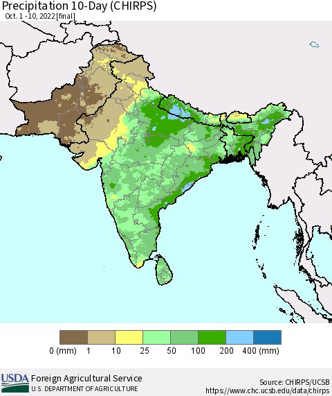 Southern Asia Precipitation 10-Day (CHIRPS) Thematic Map For 10/1/2022 - 10/10/2022