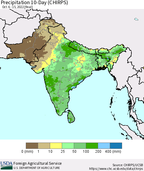 Southern Asia Precipitation 10-Day (CHIRPS) Thematic Map For 10/6/2022 - 10/15/2022