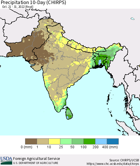 Southern Asia Precipitation 10-Day (CHIRPS) Thematic Map For 10/21/2022 - 10/31/2022